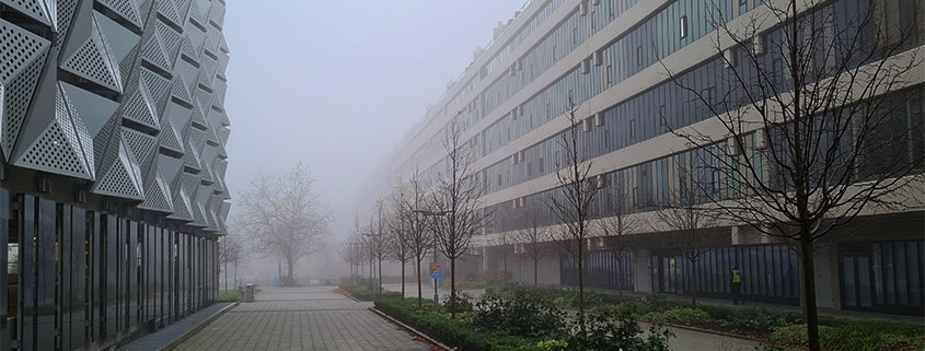 Multi-storey car park on a foggy day