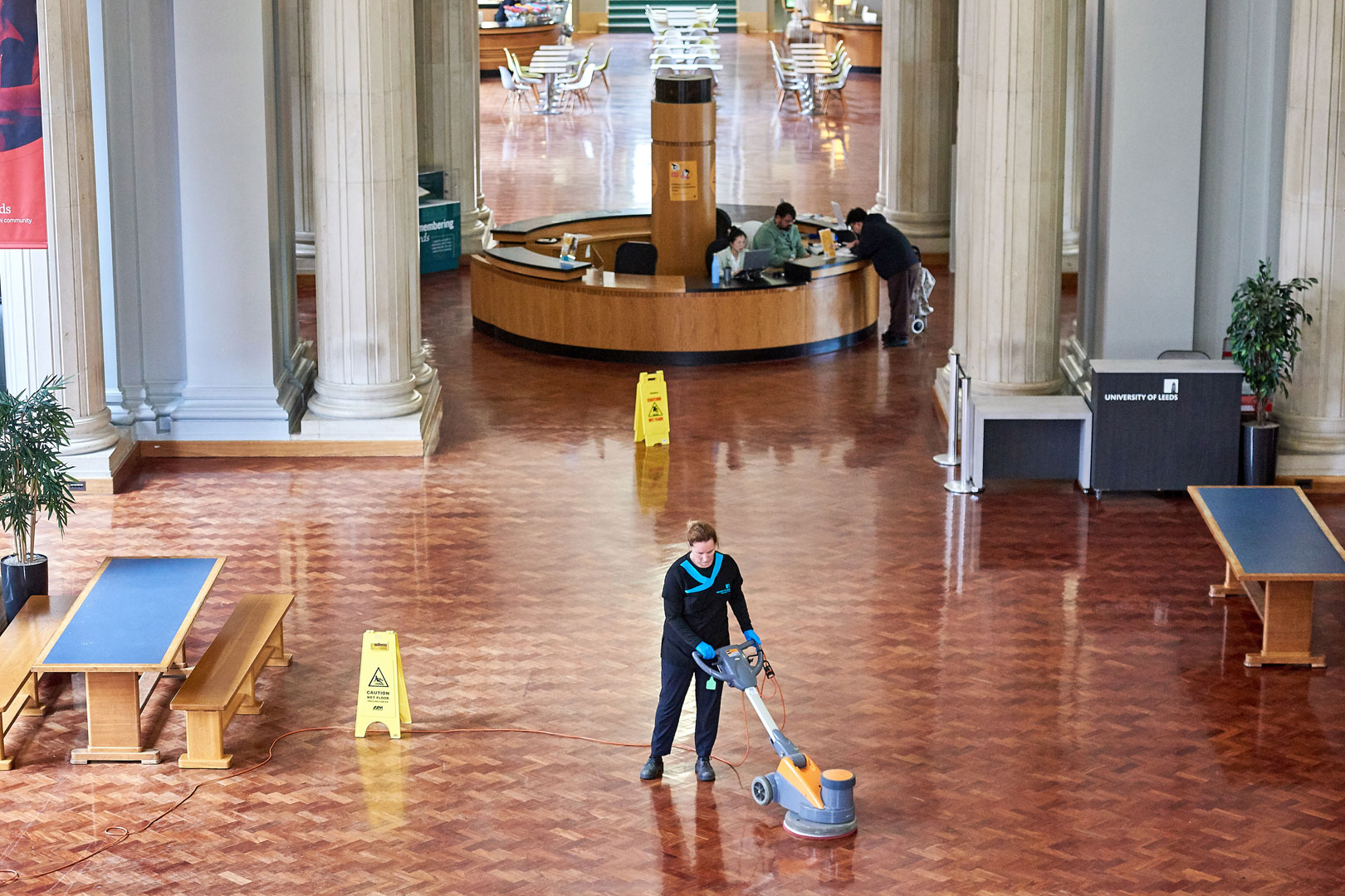 Cleaner cleans Parkinson Court floor